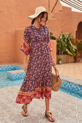Boho Midi Dress, Sundress, Kaftan Dress, Indian Flower in Navy