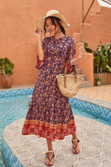 Boho Midi Dress, Sundress, Kaftan Dress, Indian Flower in Navy
