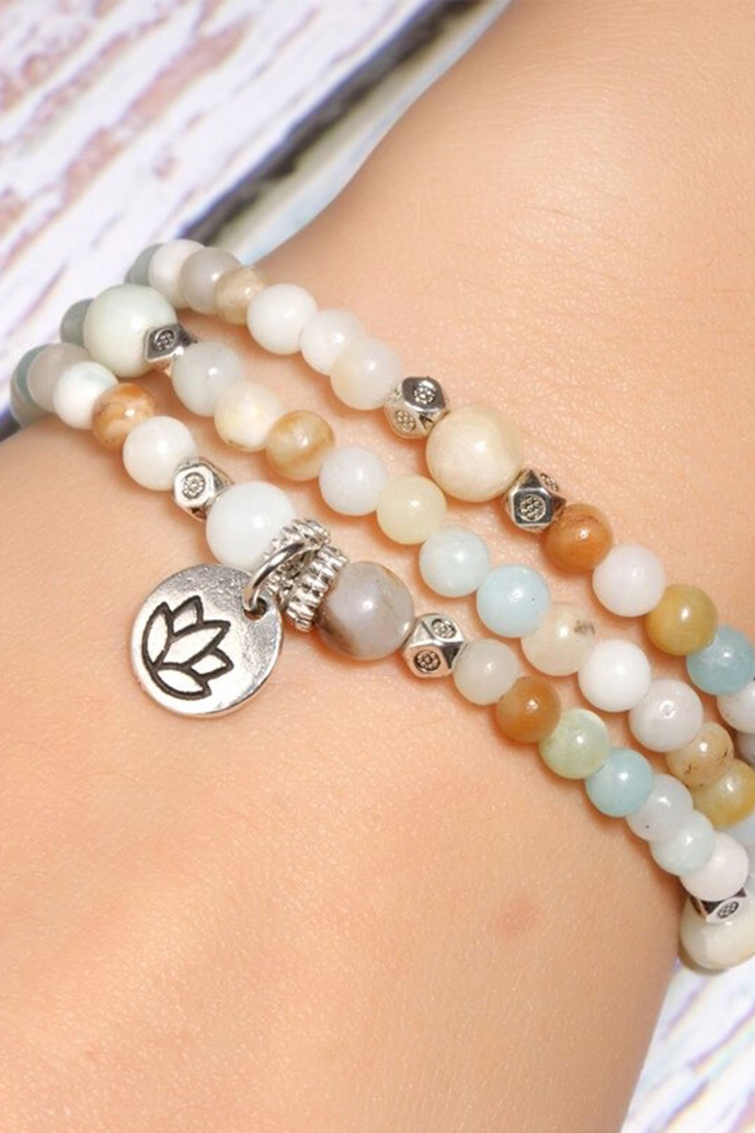 Boho Bracelet, Layers Green Amazonite Mala Mantra Lotus