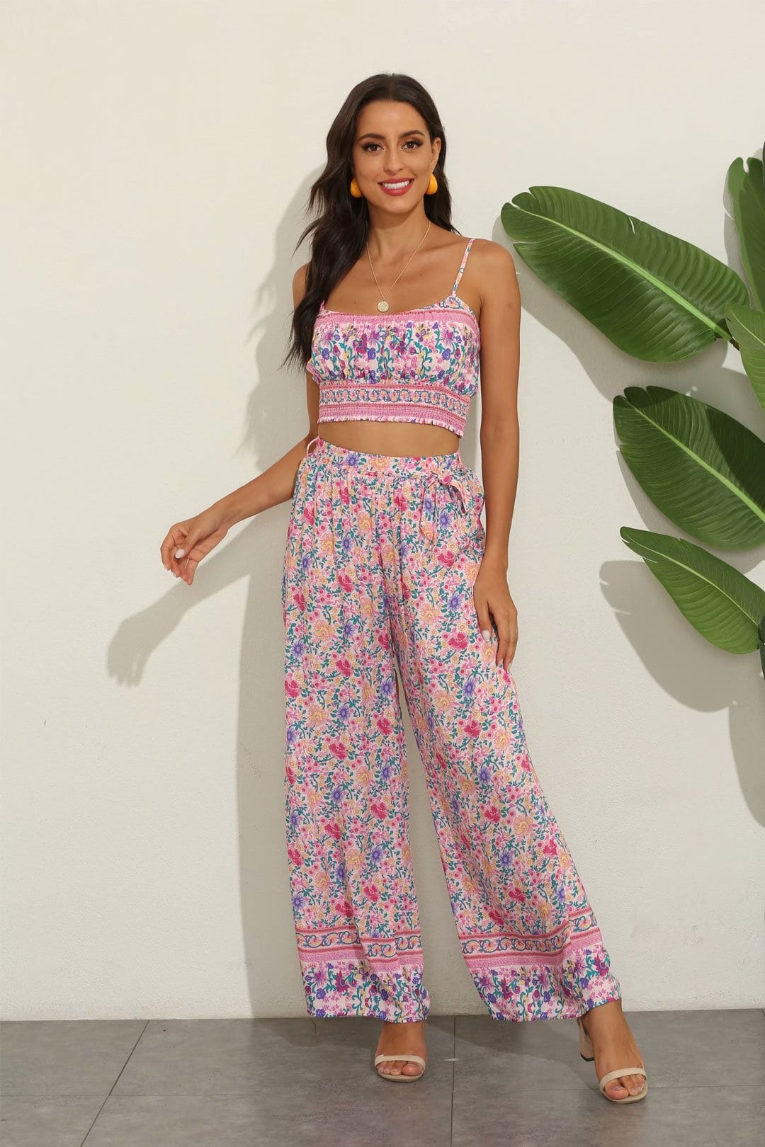 Boho Two Piece Set, Two Piece Pants Set, Wild Floral in Pink