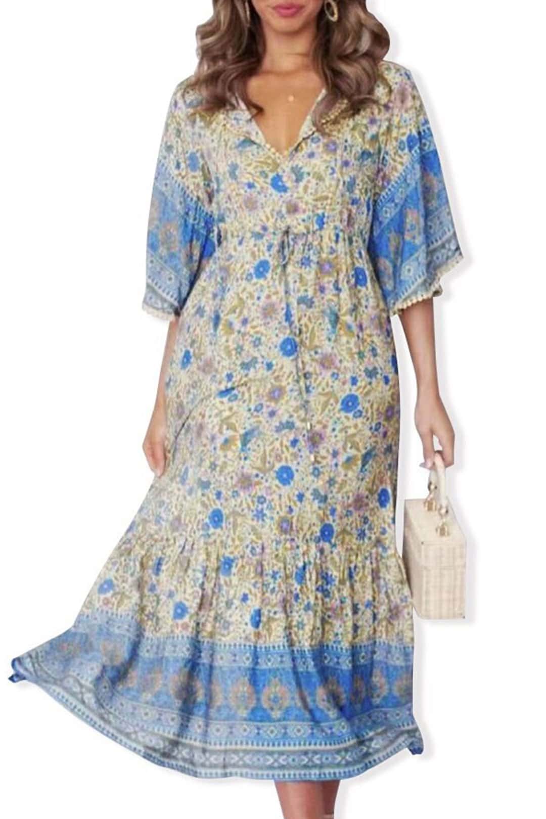 Boho Midi Dress, Sundress, Kaftan Dress, Indian Flower in Blue