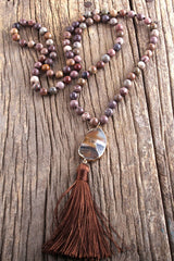Boho Necklace, RH Rose Quart Amazonite, Oval Tassel Pink Natural Stone