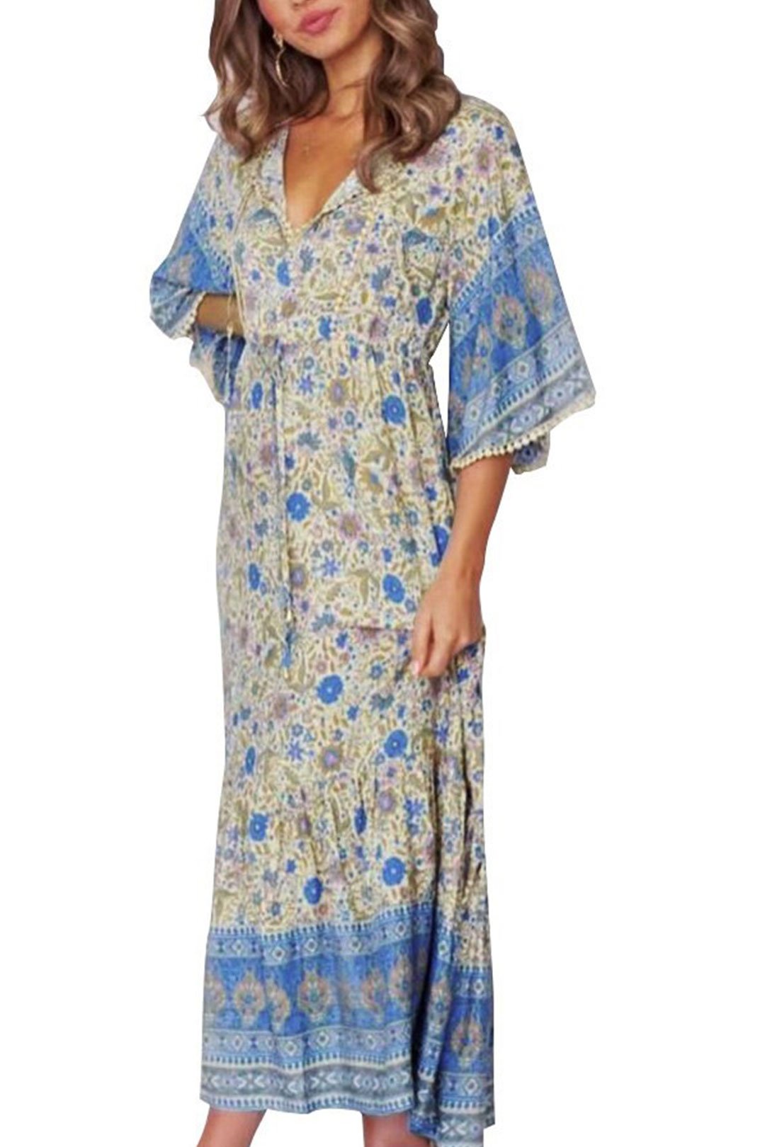 Boho Midi Dress, Sundress, Kaftan Dress, Indian Flower in Blue