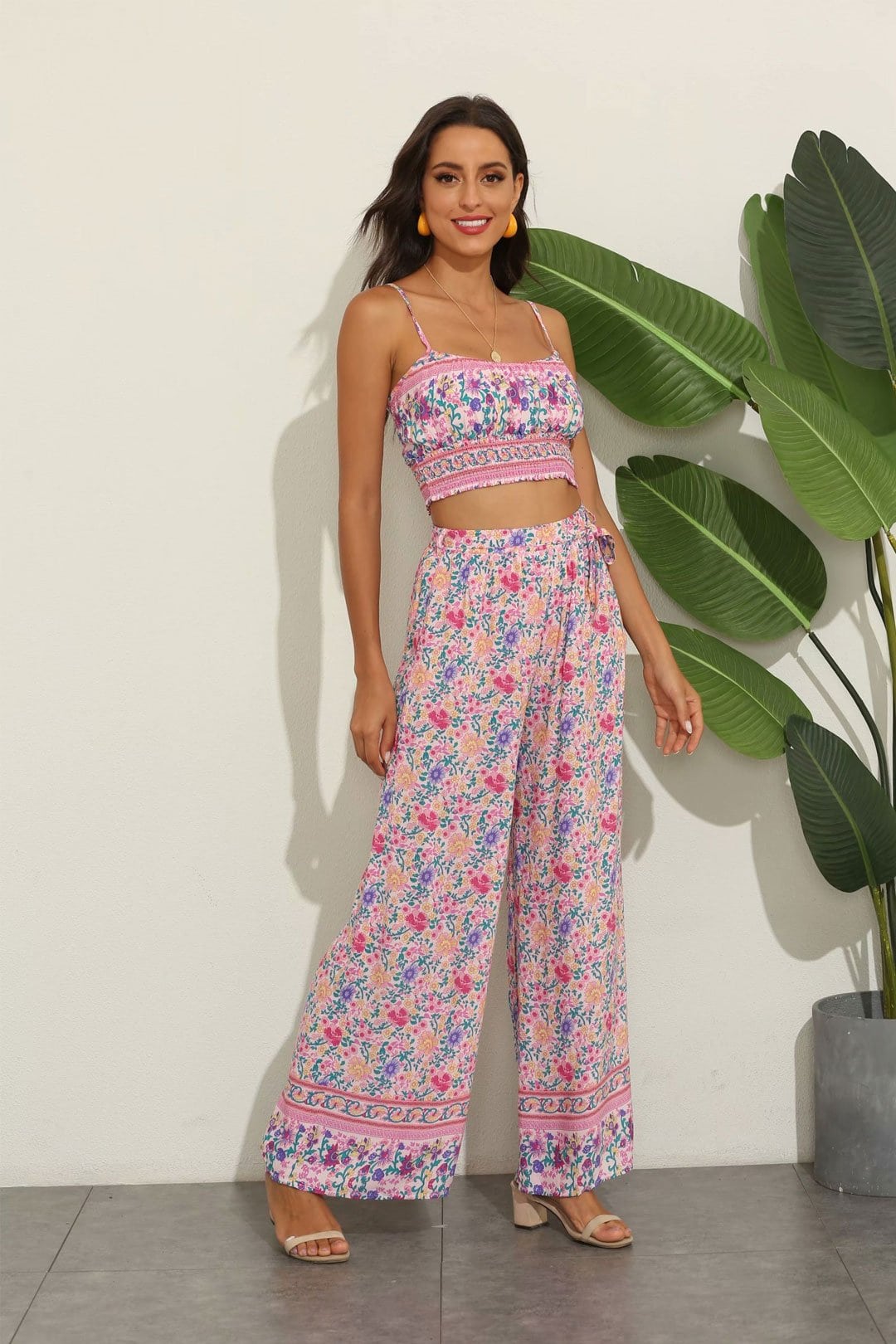 Boho Two Piece Set, Two Piece Pants Set, Wild Floral in Pink