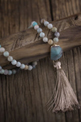 Boho Necklace, RH Rose Quart Amazonite, Oval Tassel Pink Natural Stone