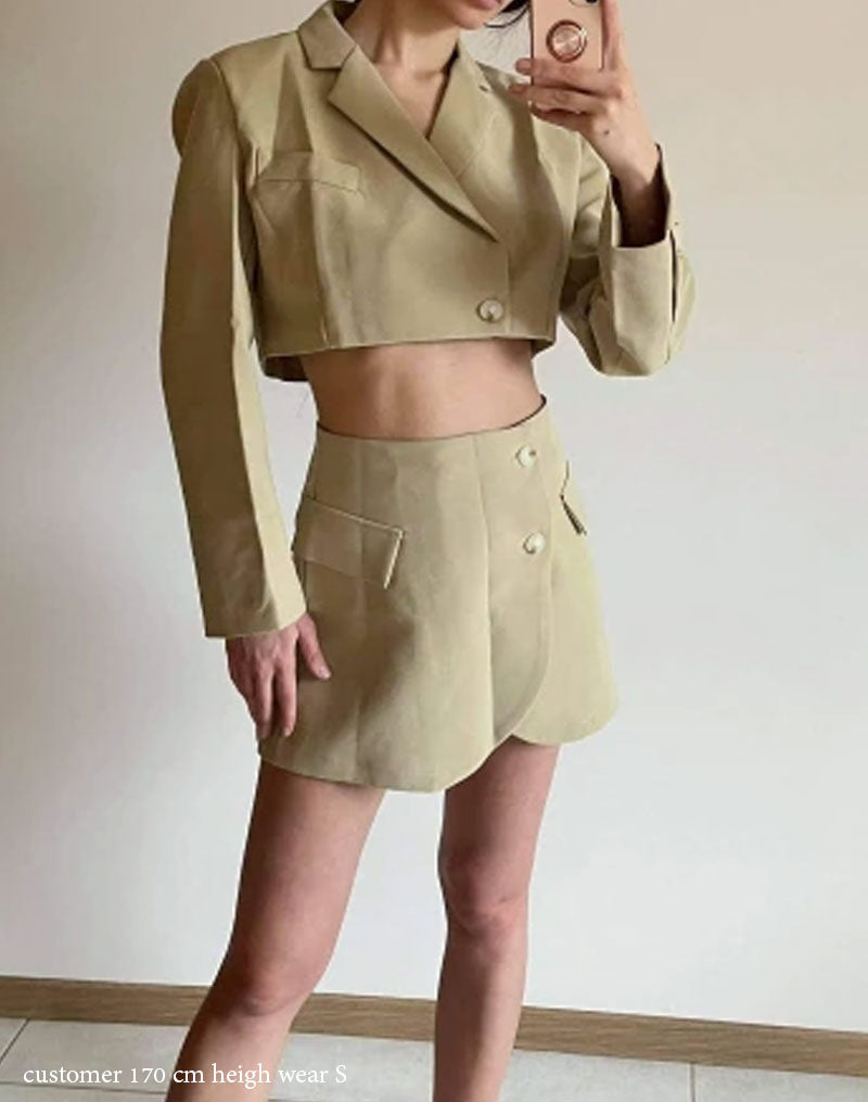 Vintage  Two Piece Set, Matching Crop Blazer and Mini Skirt, Charlotte in Fawn Beige and Green