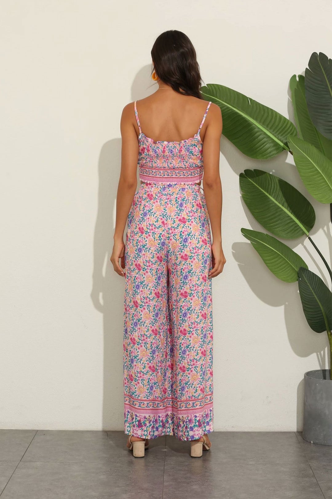 Boho Two Piece Set, Two Piece Pants Set, Wild Floral in Pink