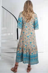 Boho Midi Dress, Sundress, Kaftan Dress, Indian Flower in Blue