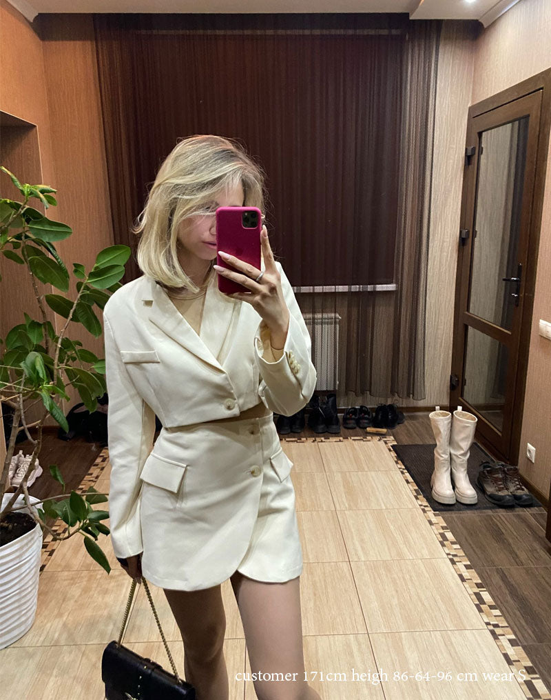 Vintage  Two Piece Set, Matching Crop Blazer and Mini Skirt, Charlotte in White Ivory