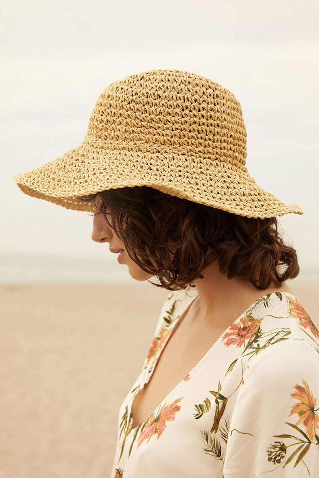 Boho Hat, Beach Sun Hat, Grass Flod Hat in White and Caramel