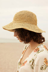 Boho Hat, Beach Sun Hat, Grass Flod Hat in White and Caramel