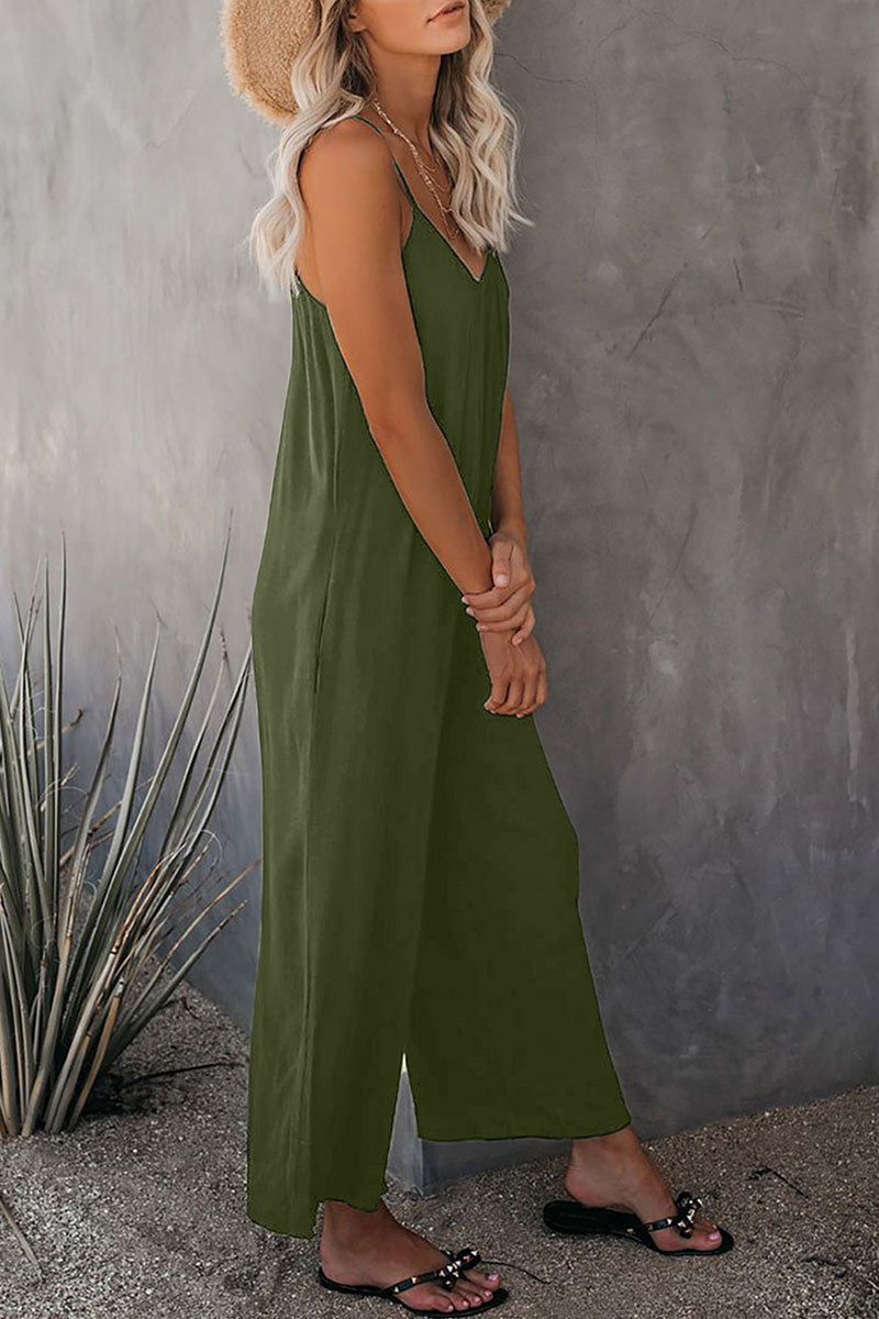 Fashion Casual Solid Spaghetti Strap Loose Jumpsuits