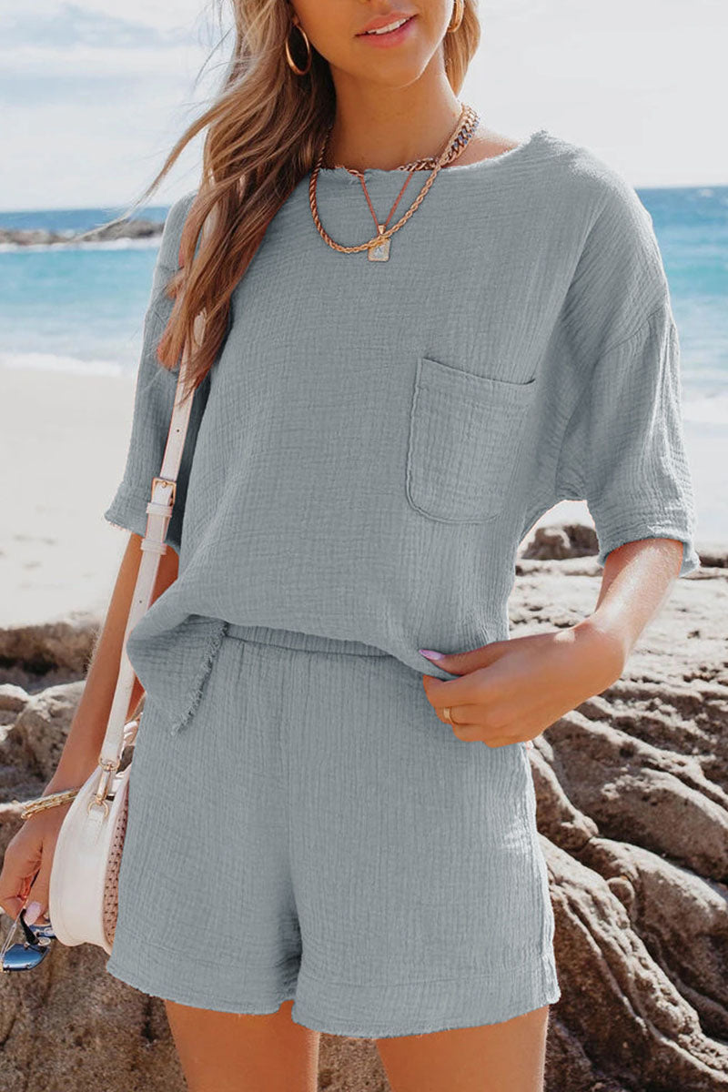 Fashion Casual Solid Patchwork O Neck Short Sleeve Two Pieces(6 Colors)