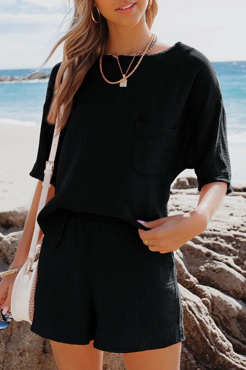 Fashion Casual Solid Patchwork O Neck Short Sleeve Two Pieces(6 Colors)