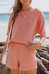 Fashion Casual Solid Patchwork O Neck Short Sleeve Two Pieces(6 Colors)