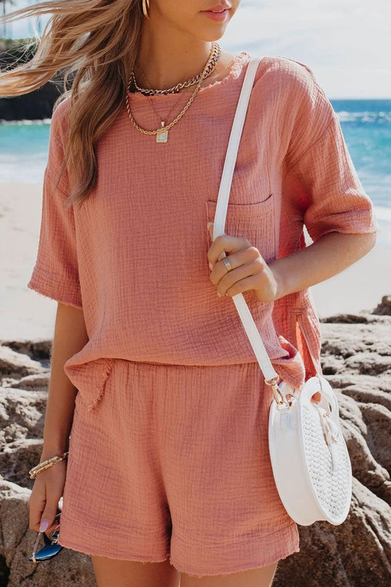 Fashion Casual Solid Patchwork O Neck Short Sleeve Two Pieces(6 Colors)
