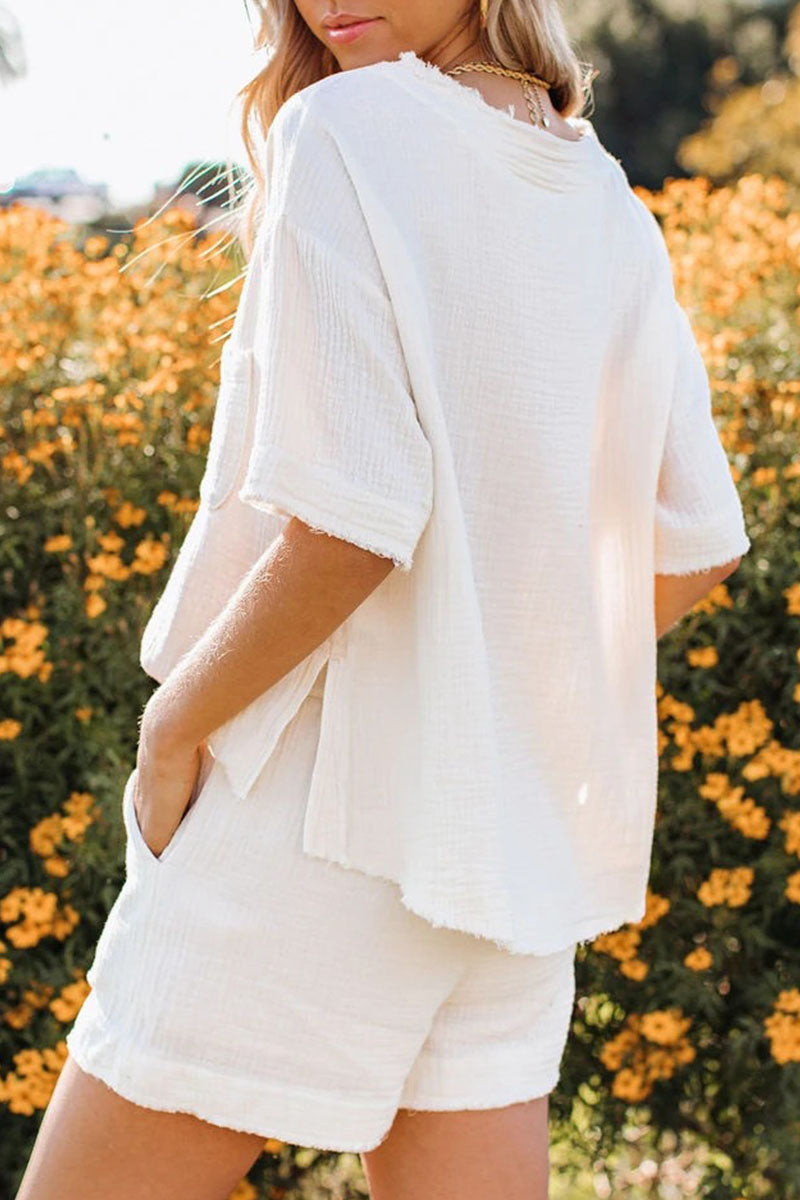 Fashion Casual Solid Patchwork O Neck Short Sleeve Two Pieces(6 Colors)