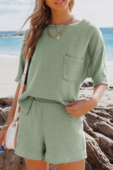 Fashion Casual Solid Patchwork O Neck Short Sleeve Two Pieces(6 Colors)