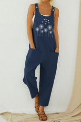 Casual Print Pocket Buttons U Neck Straight Jumpsuits