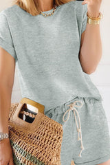 Fashion Living Solid Patchwork O Neck Short Sleeve Two Pieces(4 Colors)