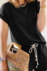 Fashion Living Solid Patchwork O Neck Short Sleeve Two Pieces(4 Colors)