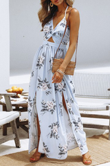 Casual Floral Frenulum Backless Slit Halter A Line Dresses
