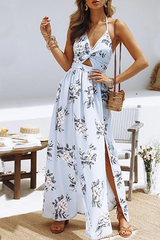 Casual Floral Frenulum Backless Slit Halter A Line Dresses