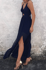 Casual Floral Frenulum Backless Slit Halter A Line Dresses