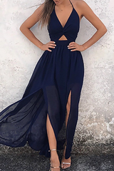 Casual Floral Frenulum Backless Slit Halter A Line Dresses