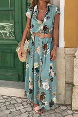Casual Elegant Floral Buckle With Belt Turndown Collar Dresses