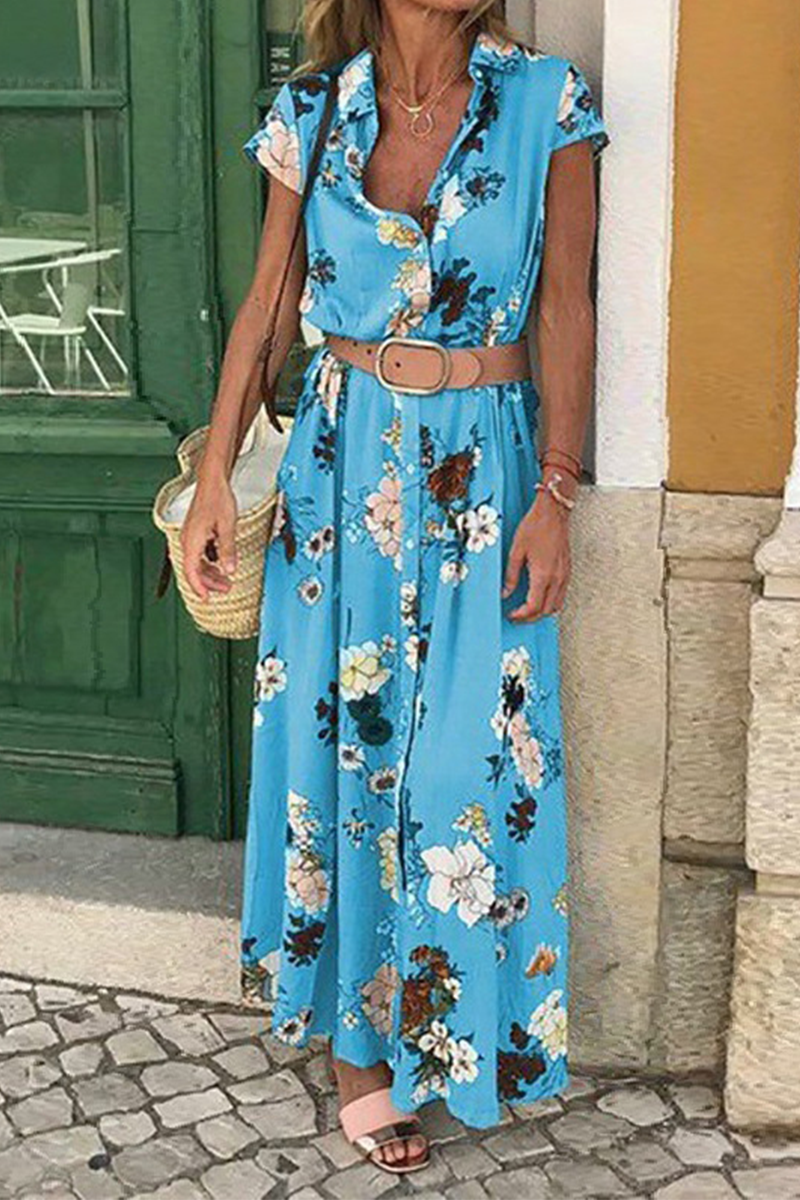 Casual Elegant Floral Buckle With Belt Turndown Collar Dresses