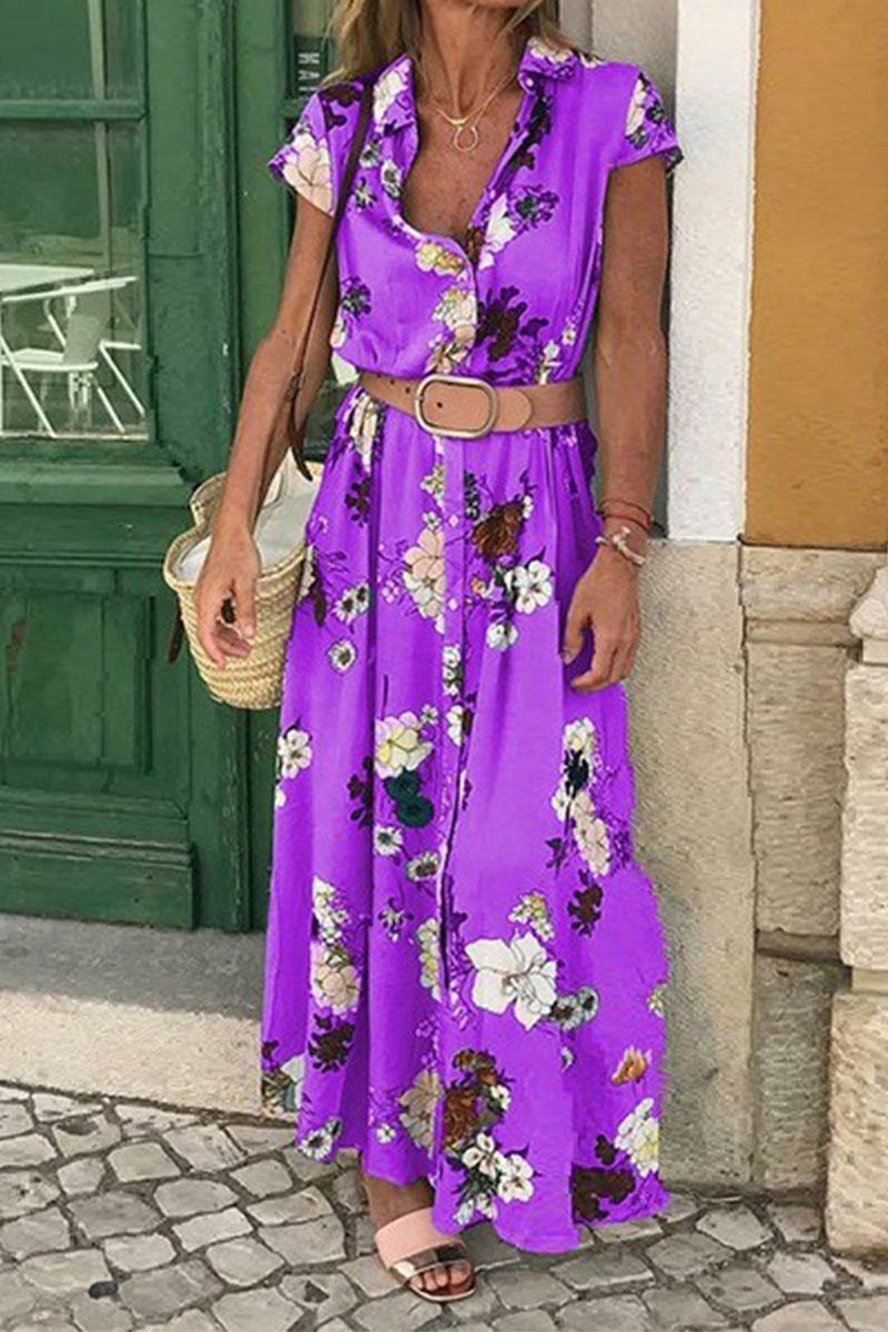 Casual Elegant Floral Buckle With Belt Turndown Collar Dresses
