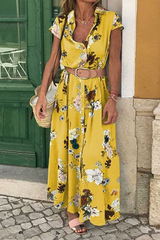 Casual Elegant Floral Buckle With Belt Turndown Collar Dresses