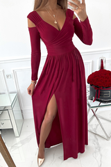 Casual Elegant Solid Hollowed Out Slit V Neck Waist Skirt Dresses