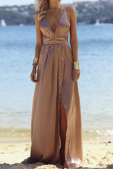 Fashion Elegant Solid Frenulum Backless Slit V Neck Evening Dress Dresses