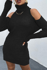 Casual Elegant Solid Hollowed Out Split Joint Turtleneck Dresses Sweater (Without Belt)
