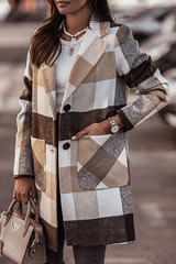 Casual Elegant Plaid Pocket Buckle Turn-back Collar Outerwear