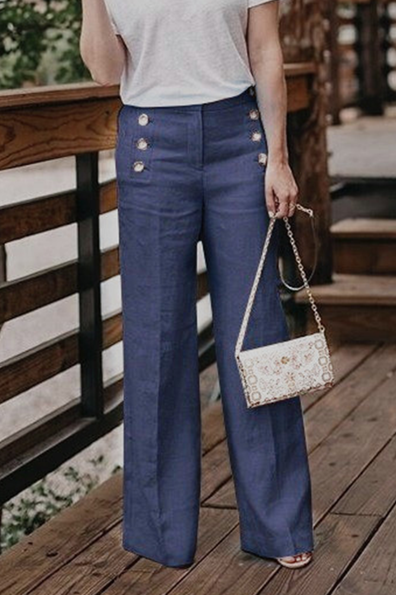 Casual Solid Buckle Straight High Waist Wide Leg Solid Color Bottoms