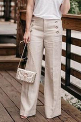 Casual Solid Buckle Straight High Waist Wide Leg Solid Color Bottoms