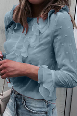 Fashion Elegant Dot Buttons Flounce O Neck Tops
