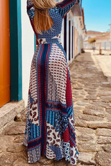 Casual Print Split Joint V Neck Waist Skirt Dresses