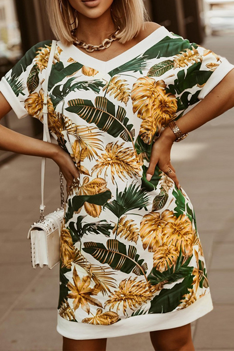 Casual Print Split Joint V Neck Straight Dresses(3 colors)