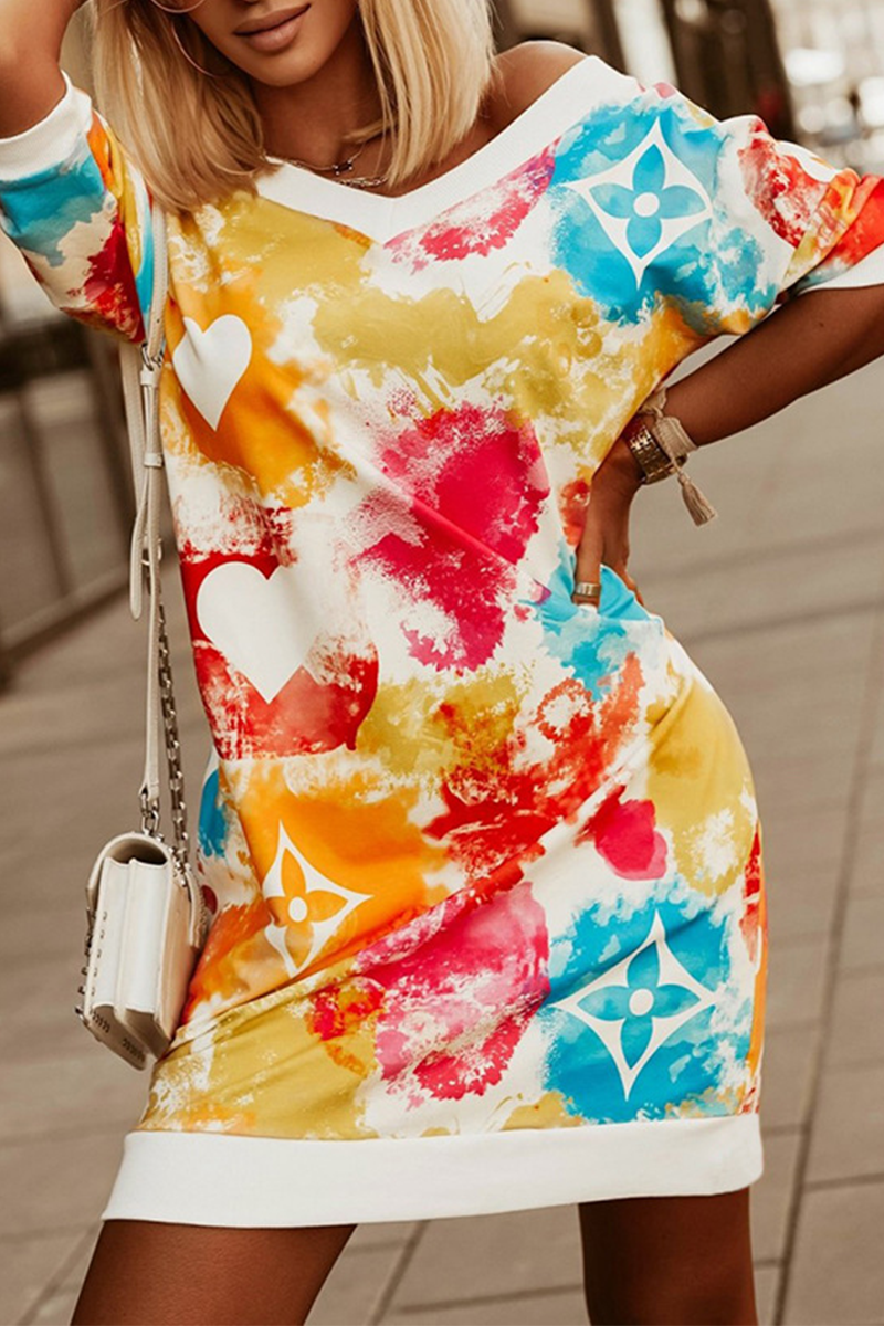 Casual Print Split Joint V Neck Straight Dresses