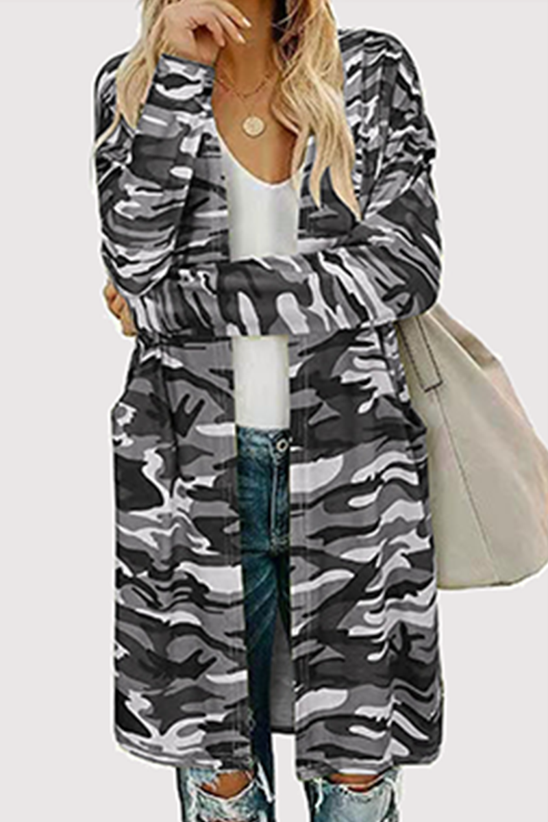 Casual Camouflage Print Split Joint Pocket V Neck Outerwear