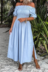 Casual Solid Split Joint Off the Shoulder Waist Skirt Dresses