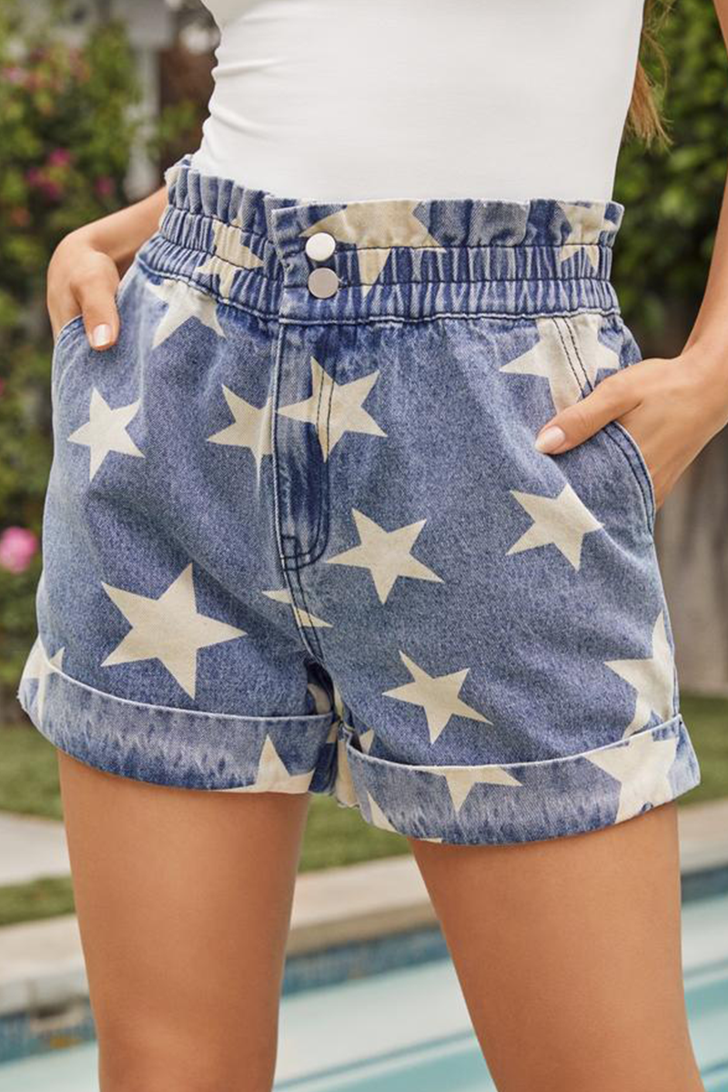 Casual Print Split Joint High Waist Straight Denim Shorts
