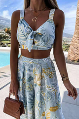 Casual Print Split Joint V Neck Sleeveless Two Pieces