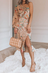 Casual Print Split Joint One Shoulder Irregular Dress Dresses