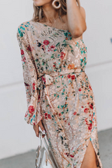Casual Print Split Joint One Shoulder Irregular Dress Dresses