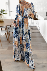 Fashion Print Backless V Neck Waist Skirt Dresses